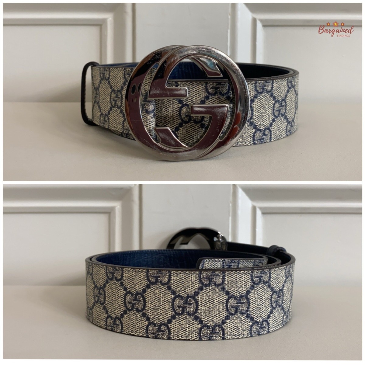 小物 gucci belt Authentic Gucci Blue GG Supreme Silver Interlocking G Buckle