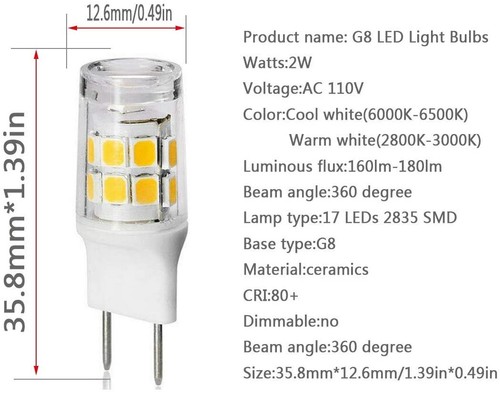 LED G8 Light Bulb 3W Warm White T4 G8 Base Bi-Pin Xenon T4 JCD Type Led 100-130V - Picture 3 of 9