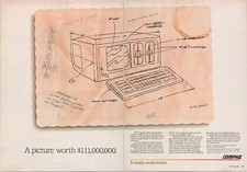 Compaq Vintage 1984 2 Page Print Ad Portable Computer Sketch Artwork