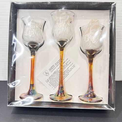 Smith Glass Iridescent Candle Holders Set of 3 Tulip Stem NIB Handmade USA - Picture 4 of 6