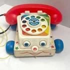 Vintage Fisher Price Chatter Telephone Wooden Base Rotary Dial Pull Toy 747