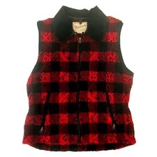 Woolrich Fleece Vest Buffalo Check Women  s Sz M Collar Zip Red Black Outerwear