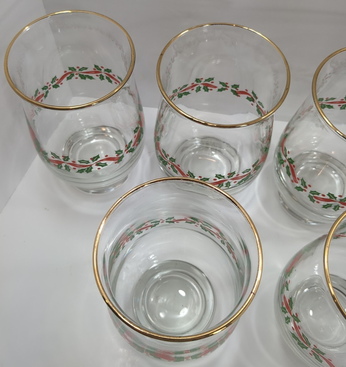 6 Libbey Christmas Holly Berry Glass Red Ribbon Tumbler Tulip Gold Rim 14 OZ