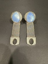 Vintage Swank Silver Tone Mesh Wrap Cufflinks Ice Blue Moonglow Cabochon MCM