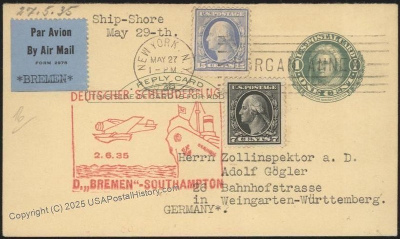 USA 1935 Bremen Schleuderflug Catapult K246 Cover Airmail 15c 7c Washingt 116173
