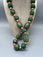 Vintage Green and gold pained Light weight Clay Bead 28" necklace