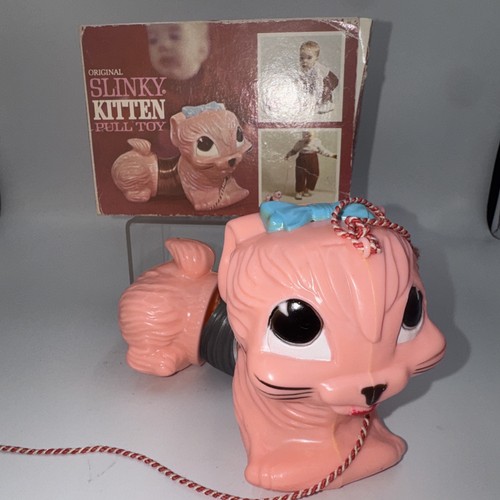 VTG Original SLINKY KITTEN Pull Toy James Industries Pink With Box  See Photos