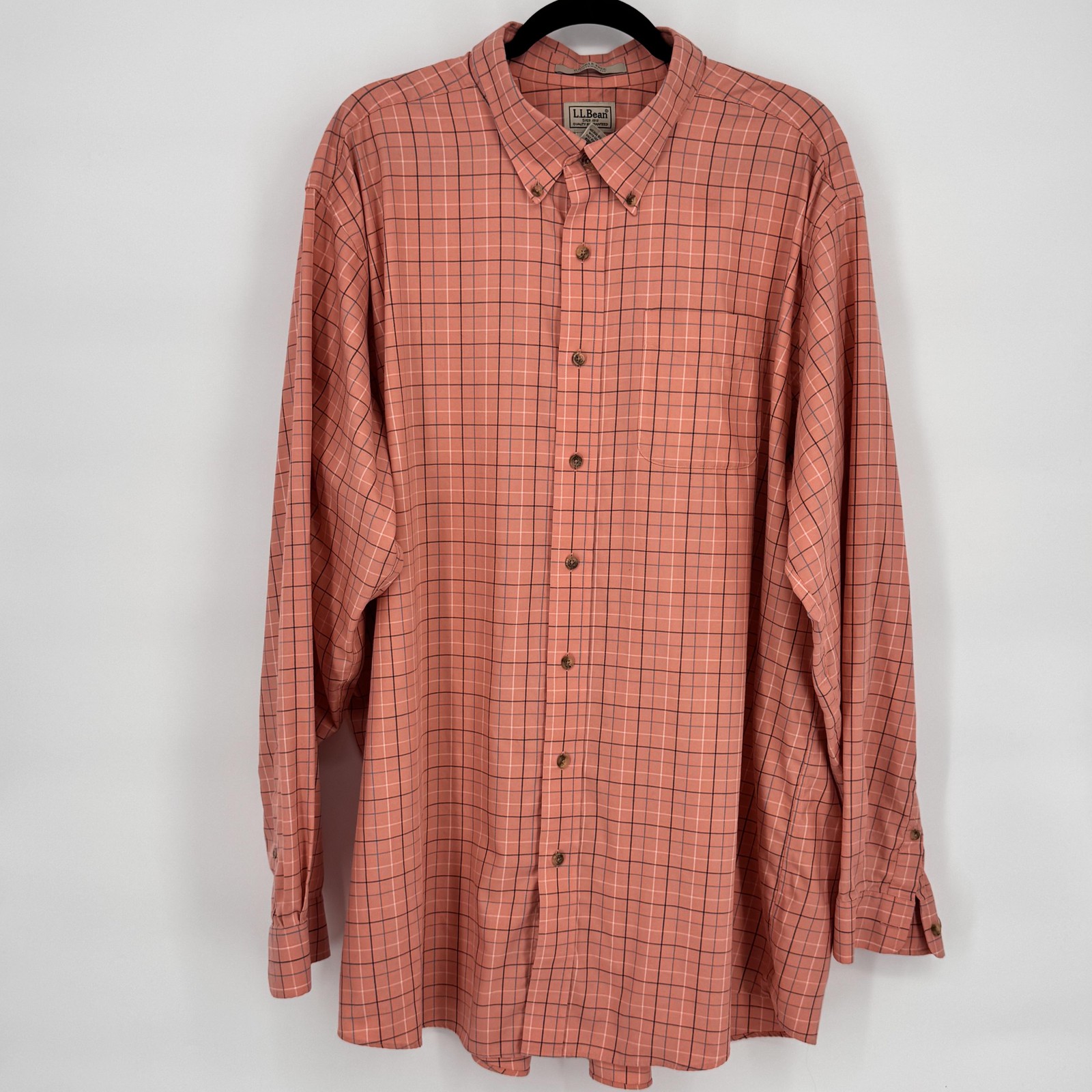 LL Bean Shirt Mens 2XL Tall Orange Plaid Wrinkle Free Traditional Fit Casual