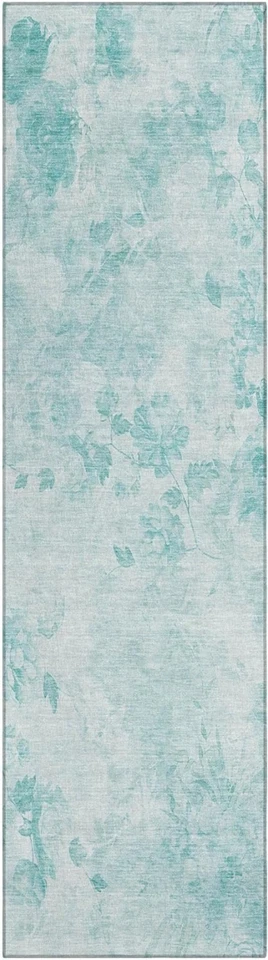 Transitional Aqua Floral Runner Rug 2'3" x 7'6" - Soft & Stain Resistant - Image 3 of 4