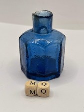 Old blue glass ink bottle, inkwell, penny ink (MQ)