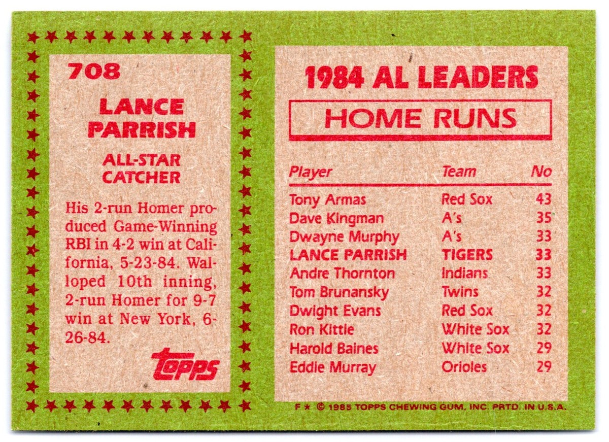 LANCE PARRISH / ALL-STAR 1985 TOPPS 85 NO 708 NRMINT+ 33602 | eBay