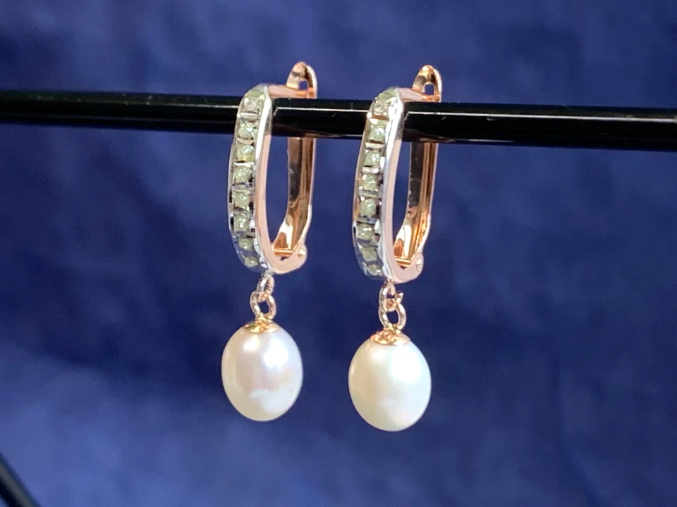 10K Rose Gold Pearl Earrings 1.59g Fine Jewelry Clear Color Stones Leverbacks - Image 3 of 4