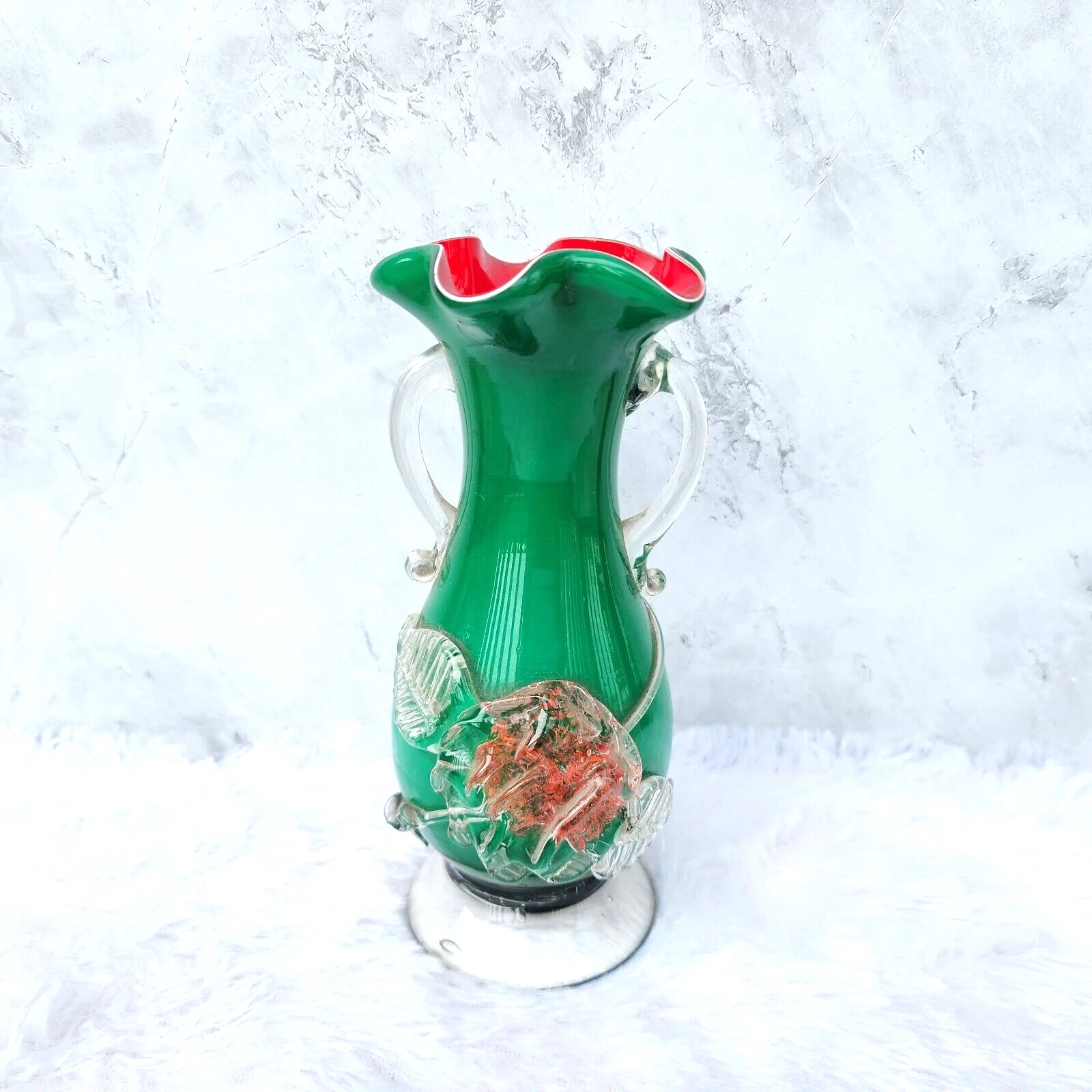 Vintage Handmade Floreale Verde E Rosso Vetro Pontil Segno Fiore Vaso Originale