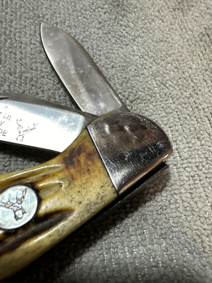 Cuchillo de Bolsillo Vintage Blanco Cola Bloqueo Mango de Hueso Cubiertos 2 Hojas Hecho a Mano Foto 3 de 4