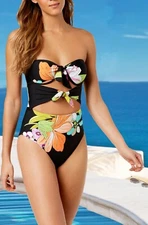 Trina Turk Bouquet Floral Cut Out Tie Front Underwire Bandeau One Piece Swimsuit