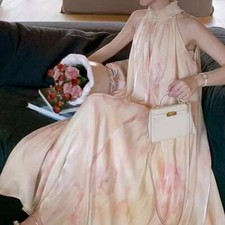 Womens Embroidered Sleeveless A-line Holiday Loose Fit Maxi Dress Printed Party