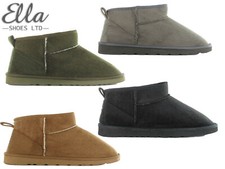 Ella Ladies Ankle Boots Winter Fleece Lined Faux Suede Flat Cosy Slip On Booties
