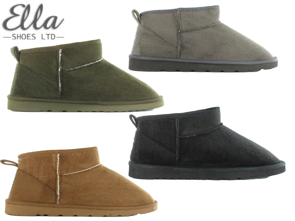 Ella Ladies Ankle Boots Winter Fleece Lined Faux Suede Flat Cosy Slip On Booties