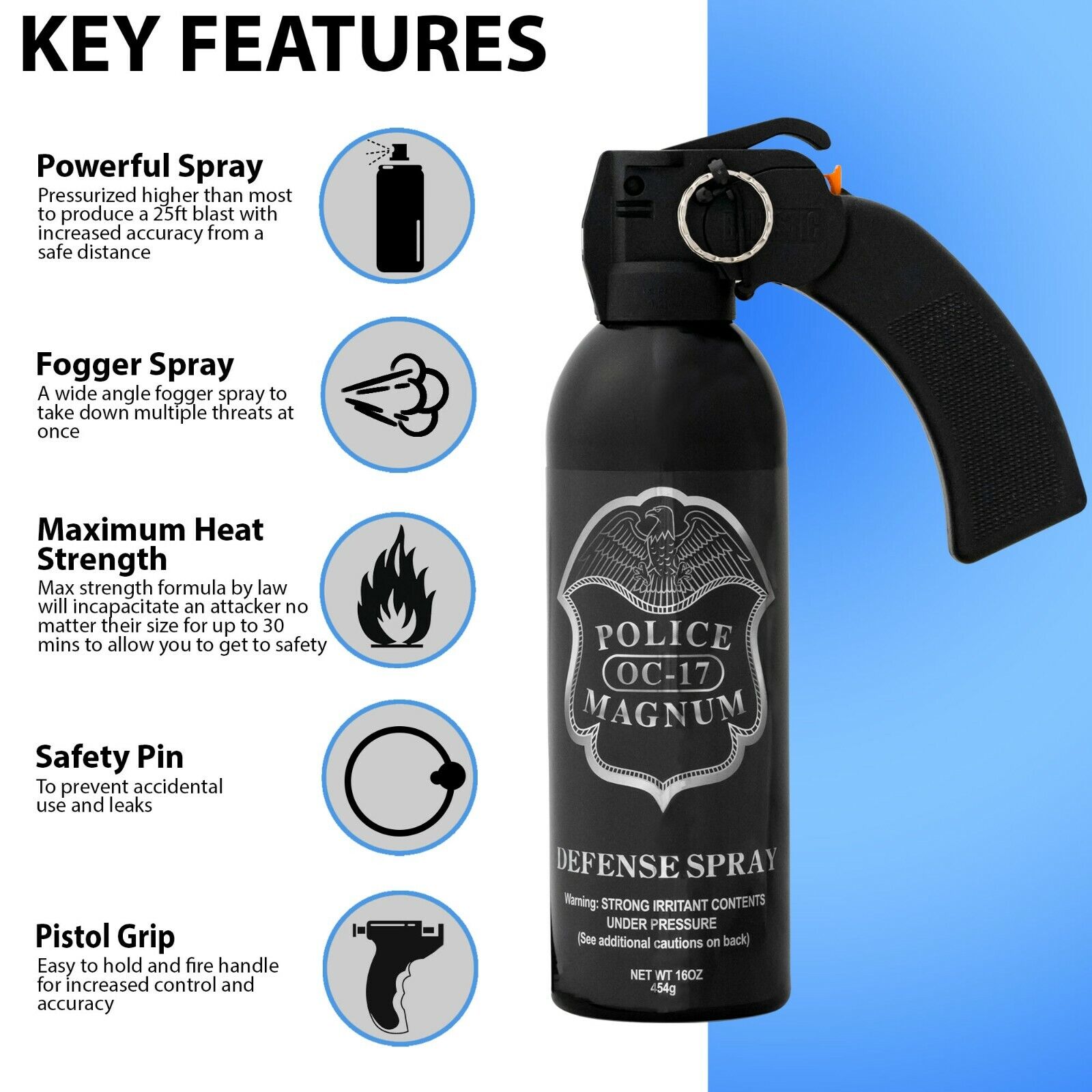 Police Magnum pepper spray 16 oz Pistol Grip Fogger Defense Security Protection