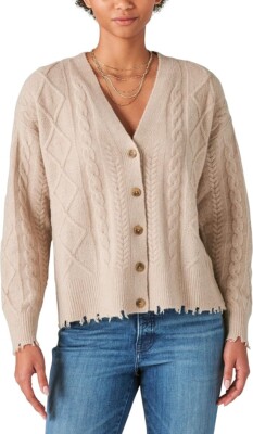 NWT $99 LUCKY BRAND Distressed Cable Cardigan in Light Camel