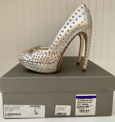Alexander McQueen Silver Peep Toe Gold Stud Platform Leather