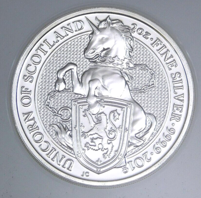 2018 UK Silver Queen's Beasts Unicorn of Scotland 2 Oz £5 NGC MS69