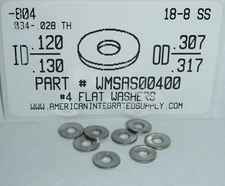 #4 Flat Washers 18-8- Stainless Steel 1/8"ID x 5/16"OD Nominal (100)