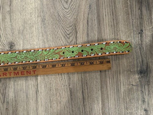 Krazy Cow GREEN Full Grain Cowhide Belt - Silver Buck Stitched - Women's Size 34 - Picture 7 of 9