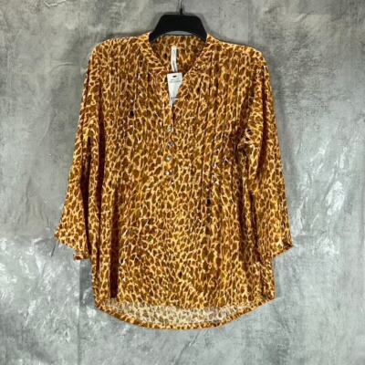NY COLLECTION Women's Brown Leopard Y-Neck 3/4 Overlapped Bell Sleeve Top SZ L