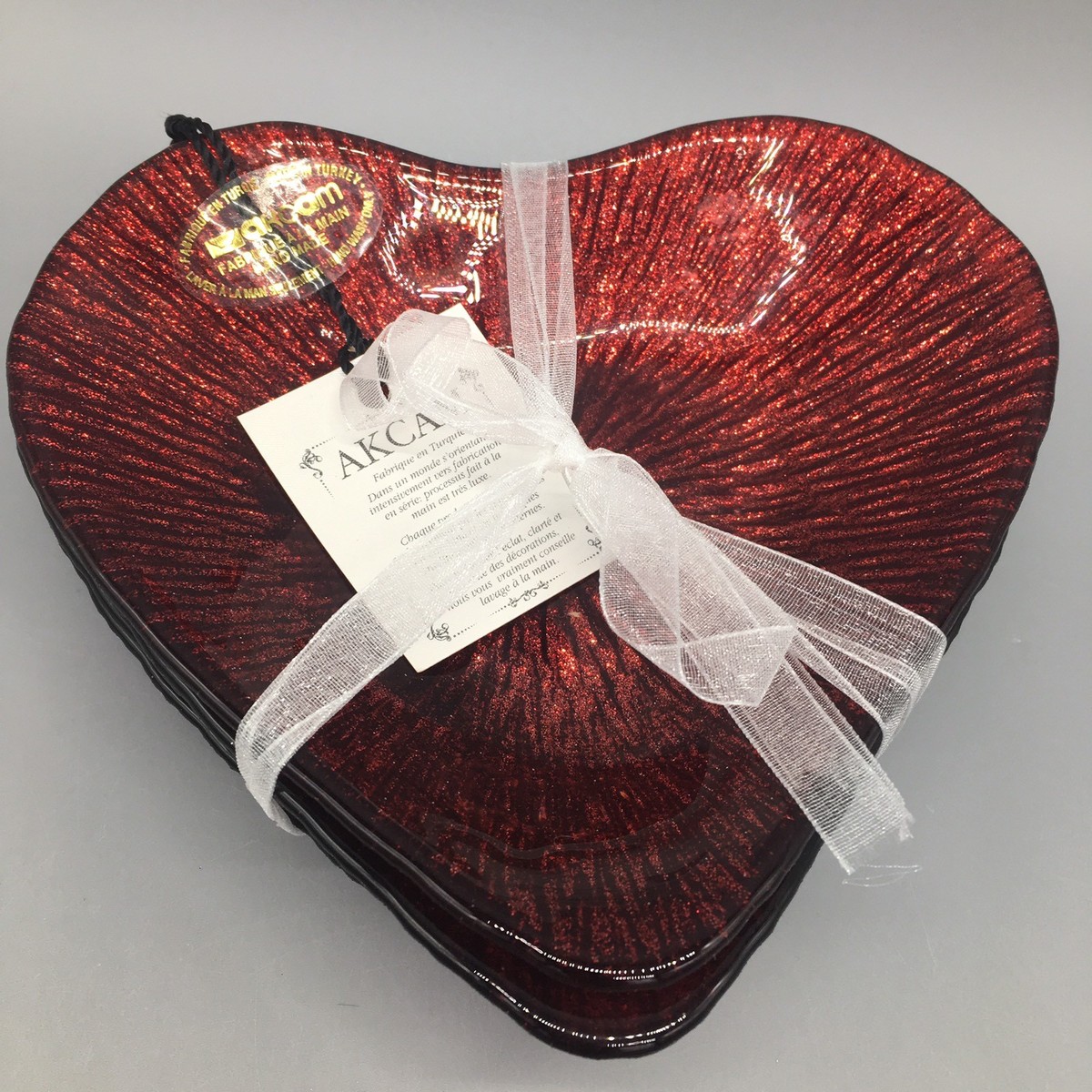 4 Akcam Red Glass Heart Appetizer Dessert Plate Dish Set Valentine