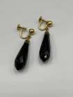 Vntg Gold Tone And Black Onyx Like Dangle Drop ScrewOn Earrings Costume Jewelry