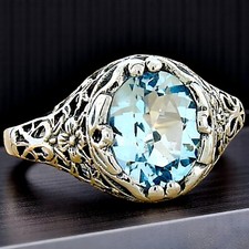 2 CT GENUINE SKY BLUE TOPAZ 925 STERLING SILVER ANTIQUE STYLE FILIGREE RING 695