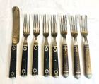 Lot 8 Antique Civil War Era Dark Wood Handle 7 Forks & 1 Knife Pewter Flatware