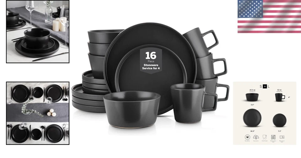 Matte Black Stoneware Dinner Set, Service for 4 - Minimalist - Image 2 of 4