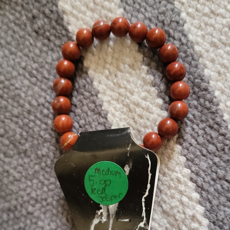 Red Jasper Gemstone Round Bead Beaded Stretch Bracelet, No Clasp, Red