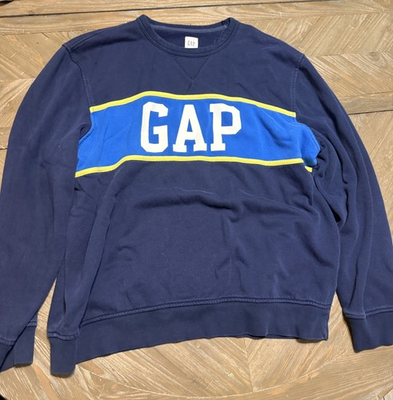 #ad Gap Men#x27;s XL Colorblock Logo Crew Neck Fleece Sweatshirt Navy Blue Yellow $20.00
