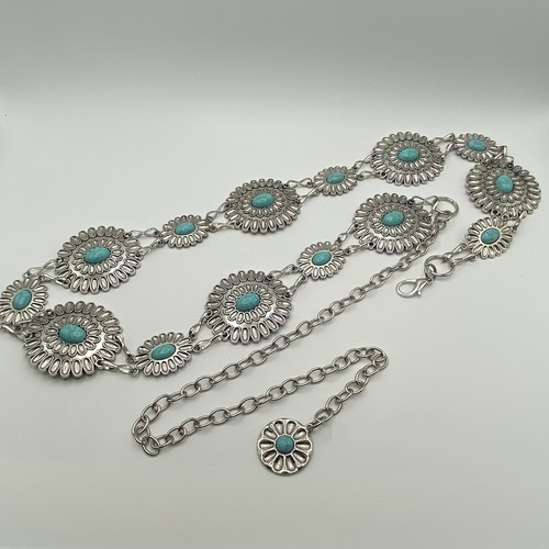 Concho Link Chain Belt Faux Turquoise Western Silver-Tone Metal Floral Boho Sz M