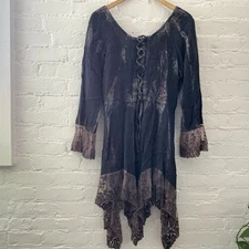 Sacred Threads Tunic Top Womens Size S/M Whimsigoth Lace-Up Boho Fairy Lace Hem
