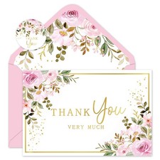 Whaline 24 Pack Pink Floral Thank You Cards Gold Foil Flower 4 x 6 inch, pink