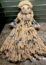 Large Vtg 24” Mop Doll Blue And White Cottage Chic Aesthetic