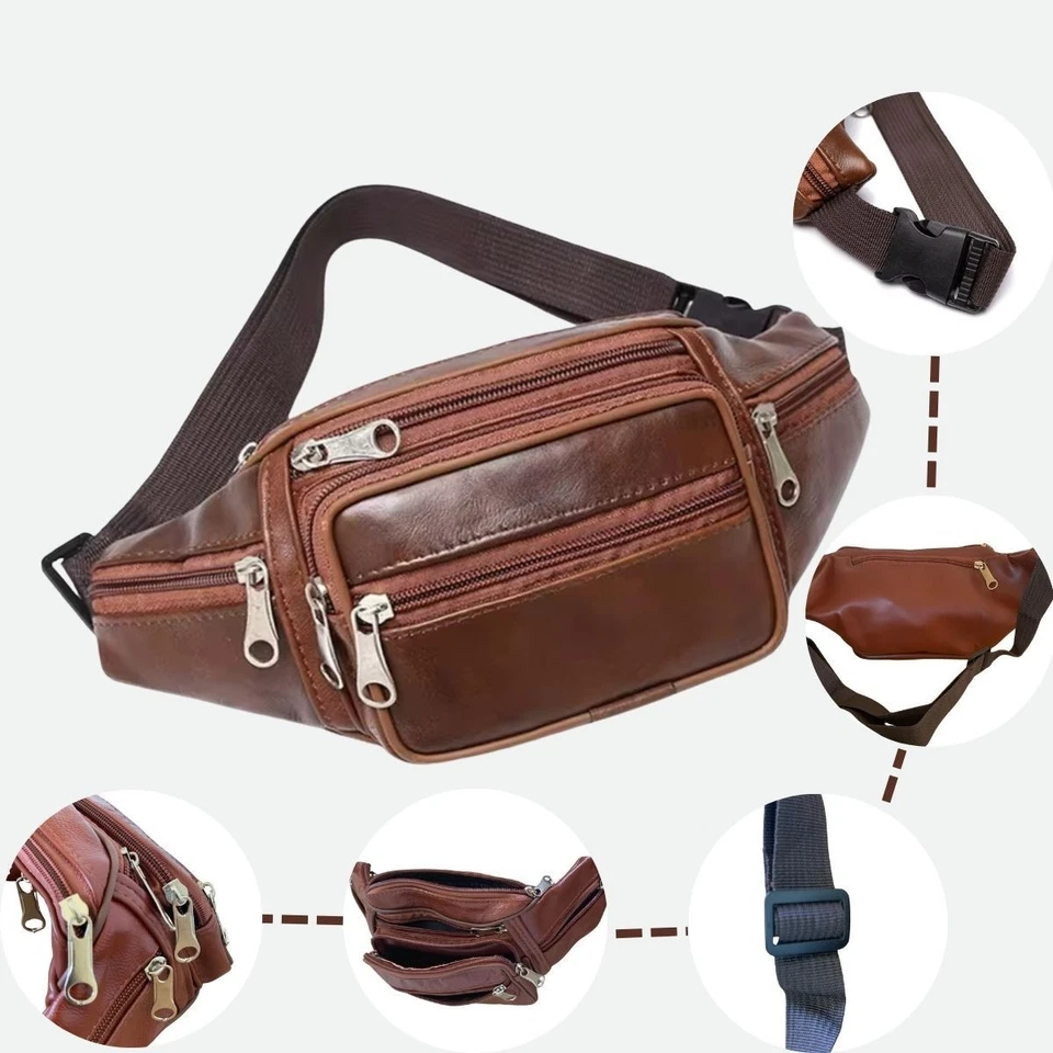Sac Banane Cuir Homme Femme Sécurité Sacoche Randonnée Portefeuile Voyage Marron - Photo 2/4