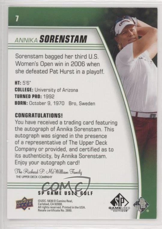 2021 SP Game Used Spectrum Auto Annika Sorenstam #7 Auto - Image 2 of 2