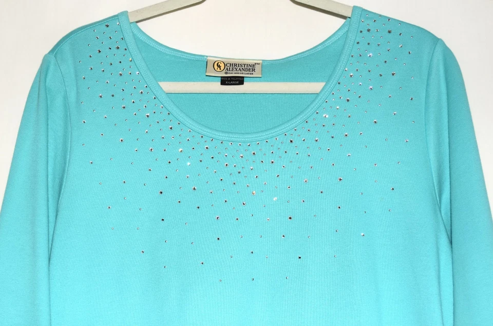 Camisa Top Christine Alexander Azul con Estrás Algodón Elástico Talla XL Foto 2 de 4