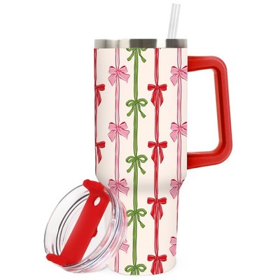 Vaso navideño con asa de 40 oz, lazo rosa, rojo y verde, con tapa y pajita