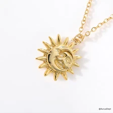 Gold Sun Moon Pendant Necklace Stainless Steel 45cm Celestial Astrology Jewelry