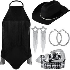 Western Rodeo Costume for Women Black Cowgirl Hat Rhinestone 70s 80s Disco Fr...