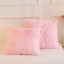 Faux Fur Throw Pillow Covers, Fluffy Soft Fuzzy 18" x 18" Pack of 2 Pink