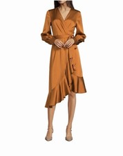 Alex Marie Brown Solid V-Neck Long Sleeve Wrap Midi Dress Ruffle Hem Belted 6