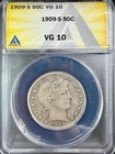 1909 S Barber Half Dollar - ANACS VG 10 - Better Date and Grade, Nice LIBERTY