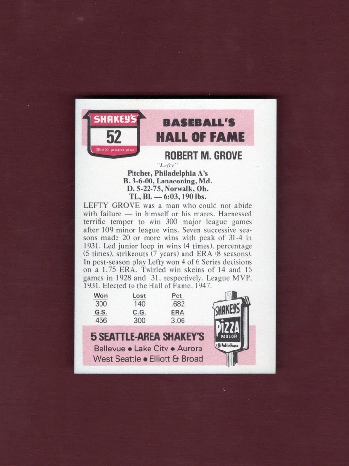 #52 LEFTY GROVE Red Sox/A's~Athletics ~ Shakey's Pizza Baseball's Hall of Fame C - Image 2 of 2